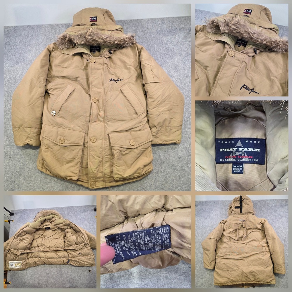 Phat Farm Parka Coat Mens XL Beige Hooded Fur Trim Clymatec Winter Urban Puffer